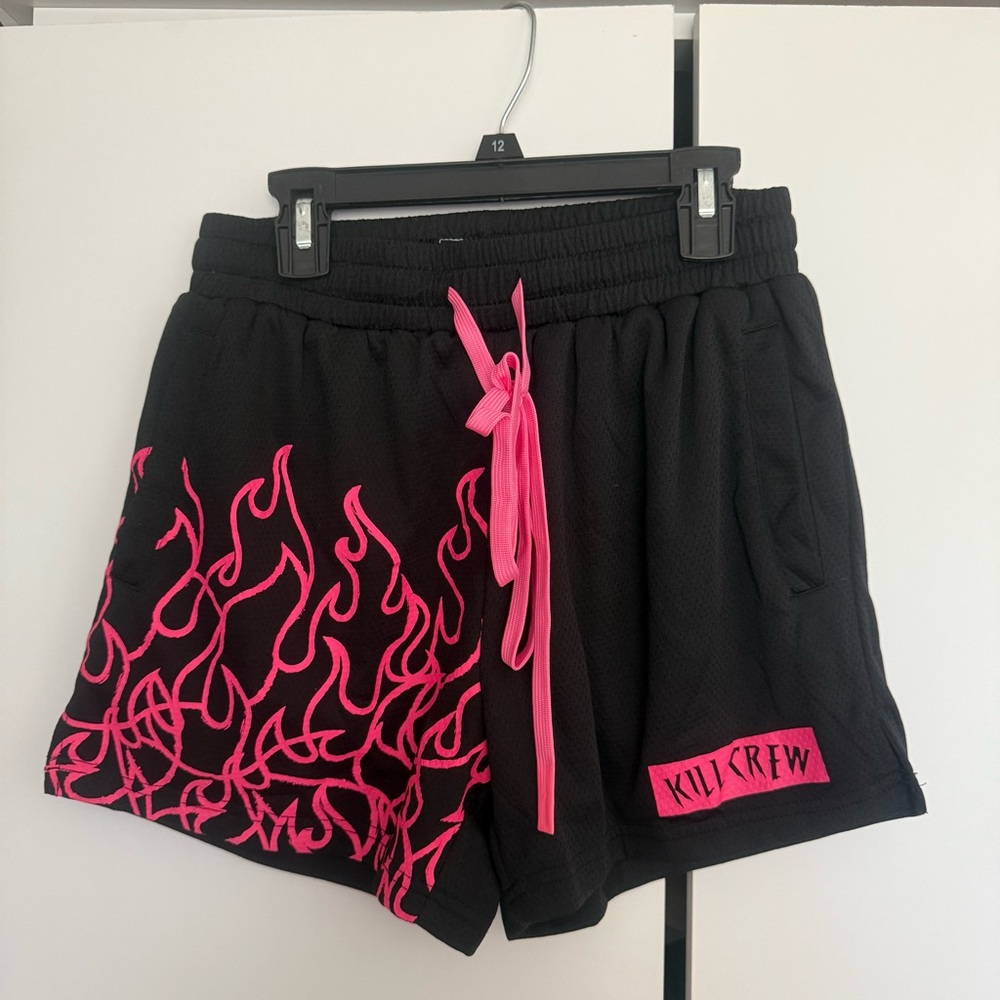 Kill Crew Black and Pink Athletic Shorts with Graffiti Flames